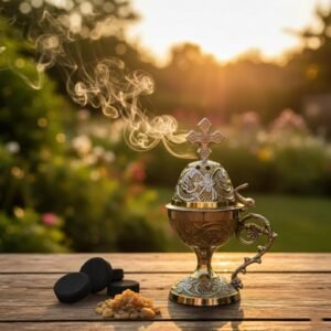 Ensemble de prière orthodoxe : 5,5 po. x 3,1 po. encensoir en métal doré, 50 g d'encens, 6 tablettes de charbon de bois.