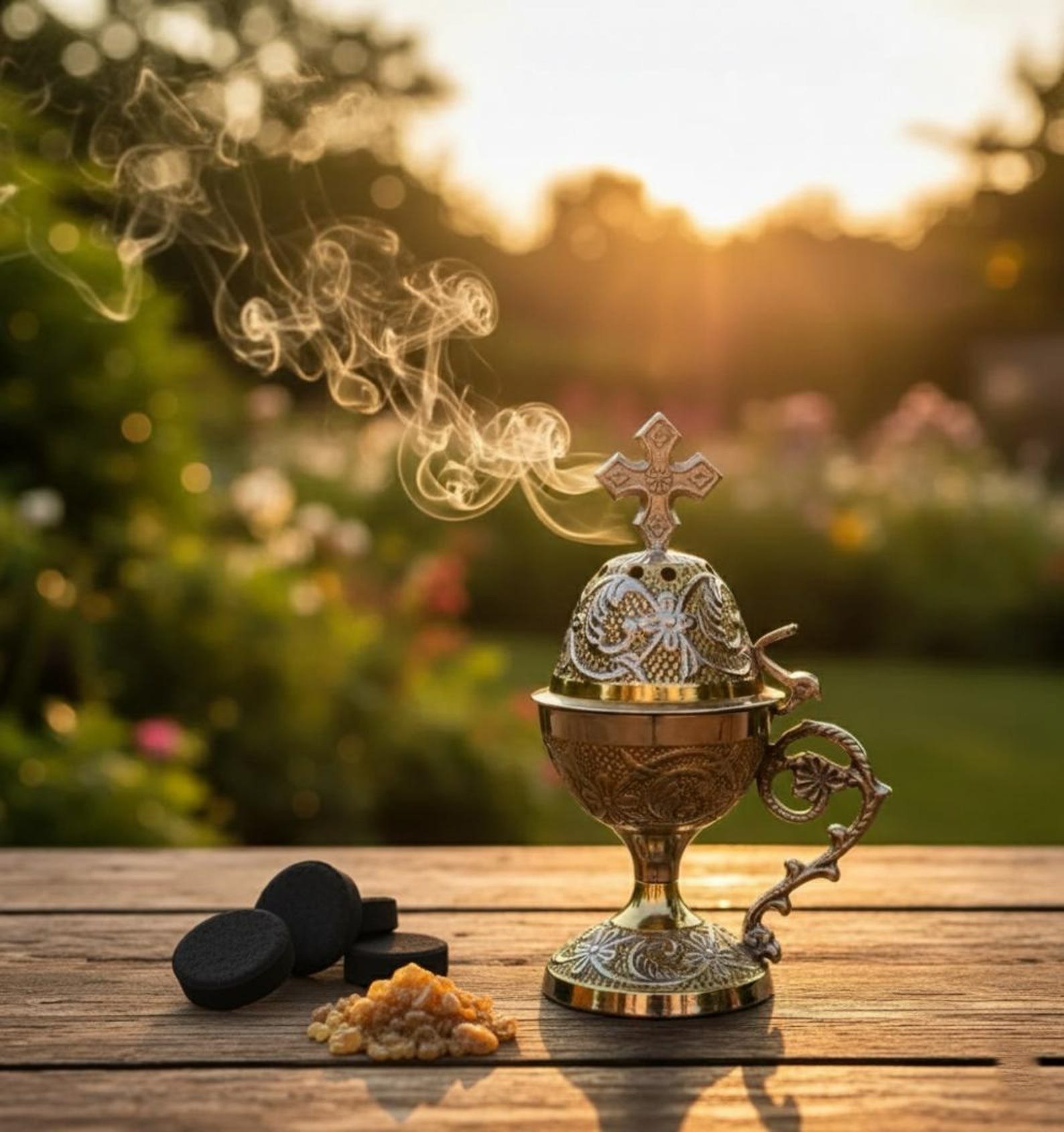 Ensemble de prière orthodoxe : 5,5 po. x 3,1 po. encensoir en métal doré, 50 g d'encens, 6 tablettes de charbon de bois.