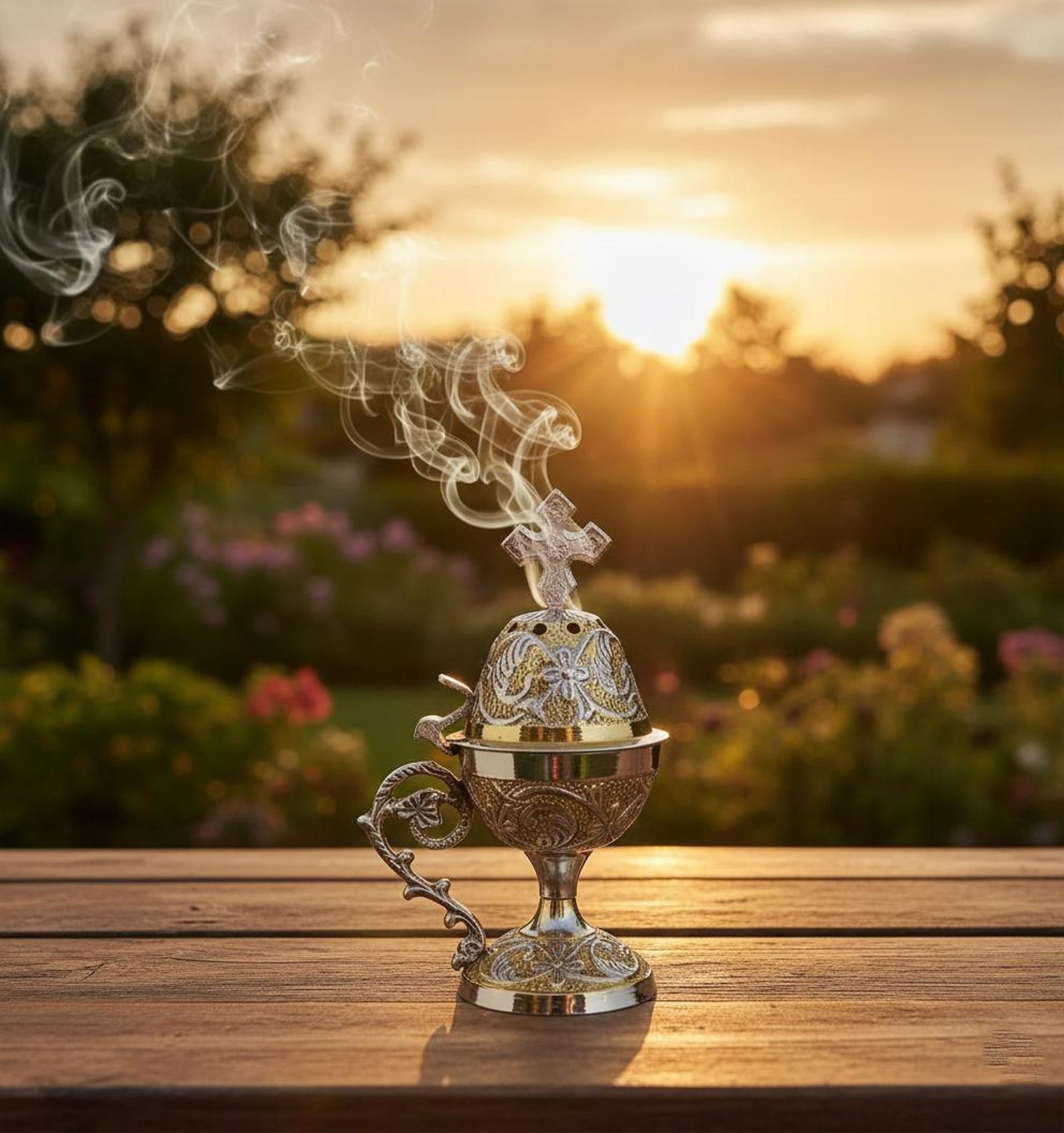 Ensemble de prière orthodoxe : 5,5 po. x 3,1 po. encensoir en métal doré, 50 g d'encens, 6 tablettes de charbon de bois. – Image 2