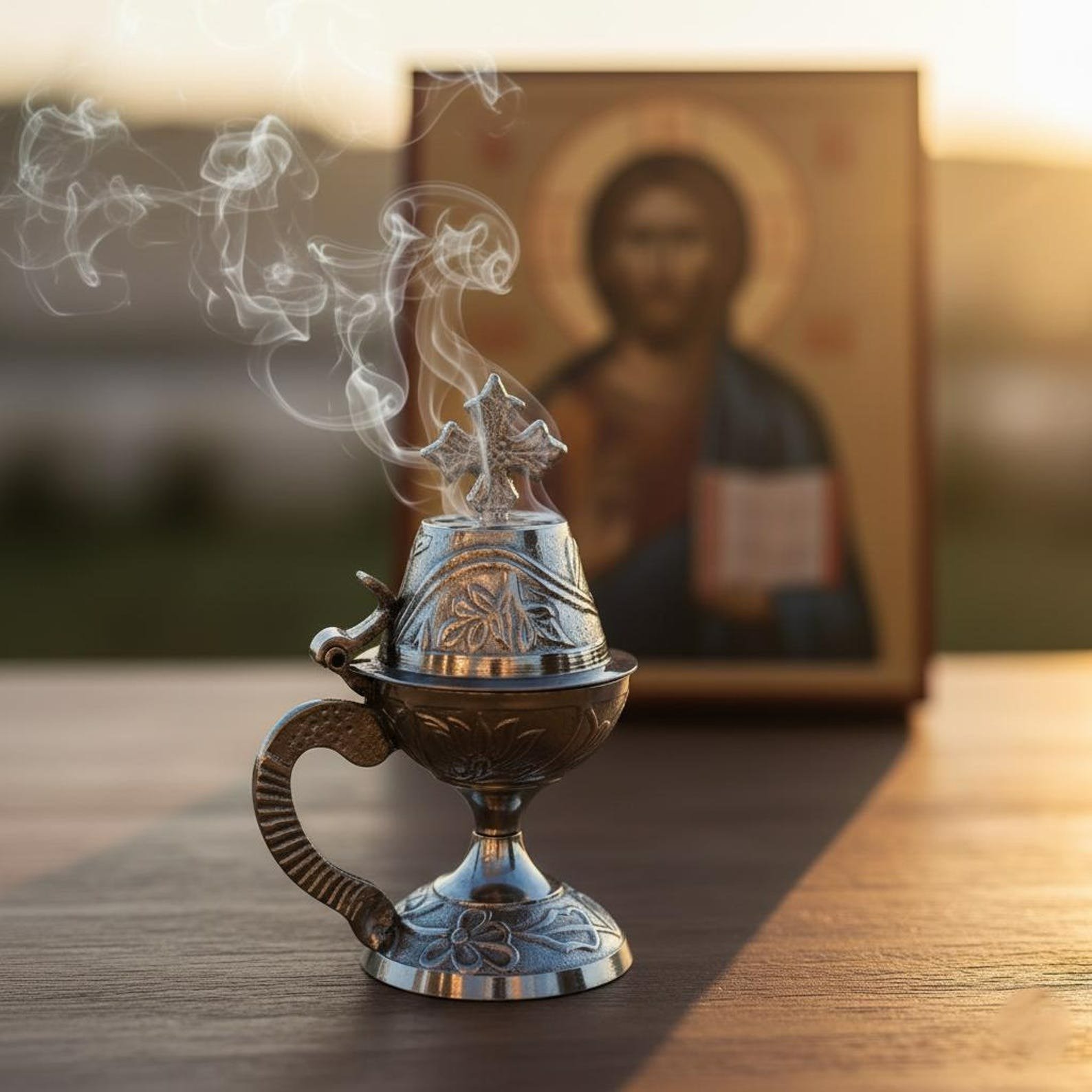 Ensemble de prière orthodoxe : 5,5 po. x 3,1 po. encensoir en métal doré, 50 g d'encens, 6 tablettes de charbon de bois. – Image 3