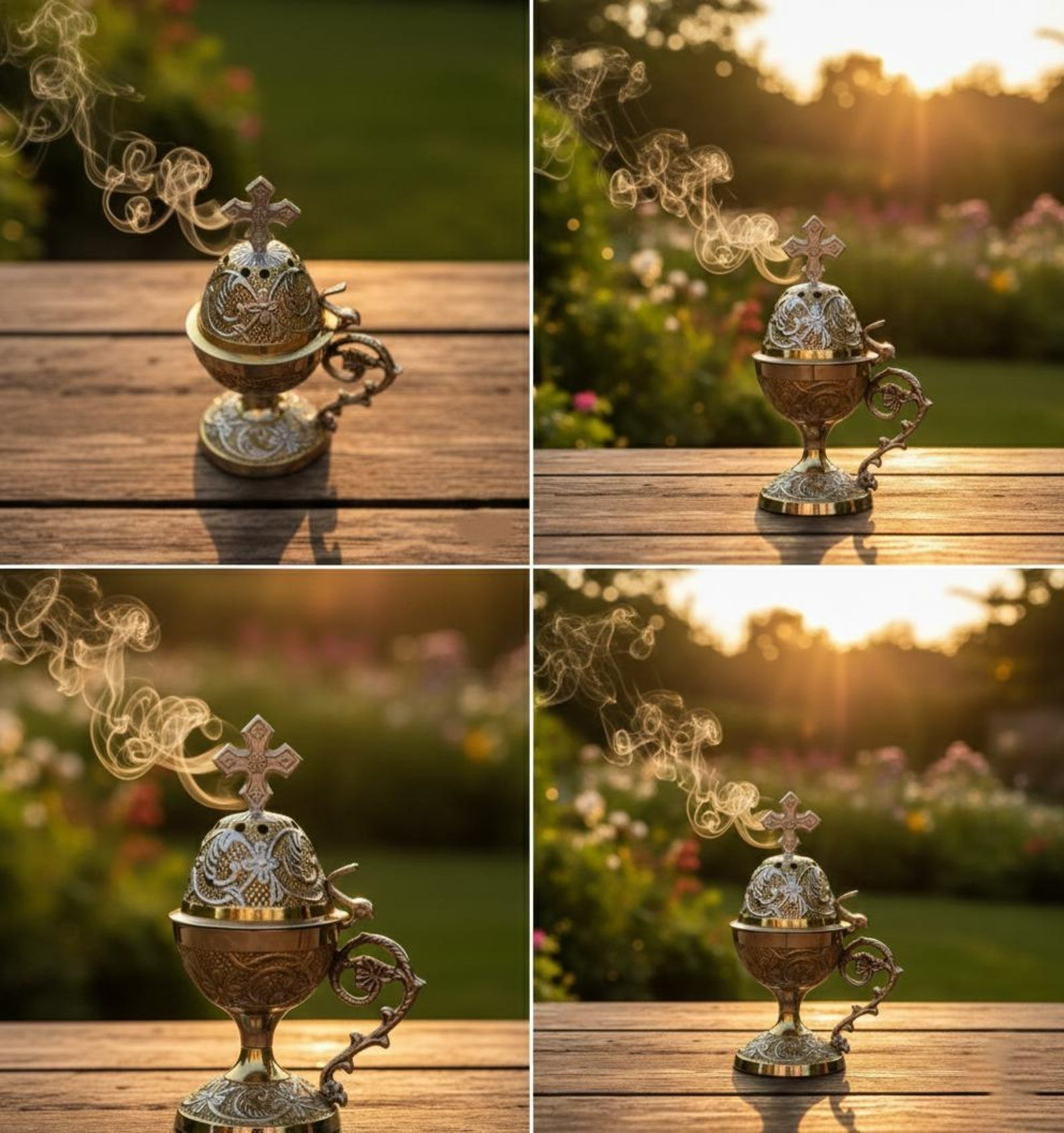 Ensemble de prière orthodoxe : 5,5 po. x 3,1 po. encensoir en métal doré, 50 g d'encens, 6 tablettes de charbon de bois. – Image 4